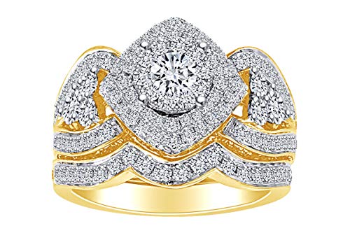 AFFY 2 1/2 Cttw Round Cut White Natural Diamond Halo Wedding Engagement Ring Set 14k Yellow Gold (Clarity: I2-I3, Color: I-J, 2.50 Carat) Ring Size-5