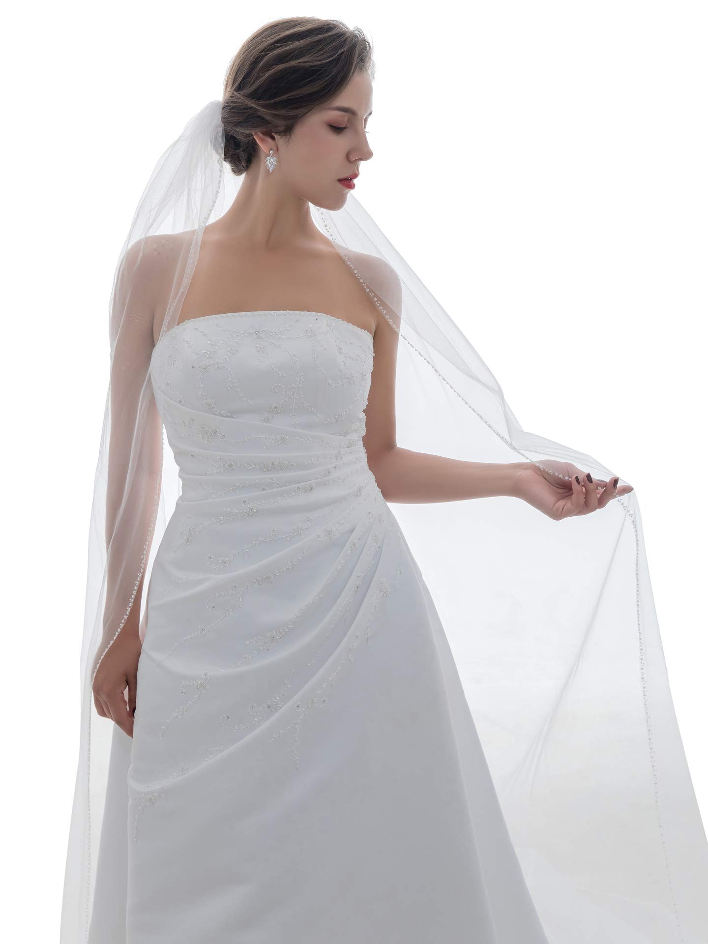 SAMKY 1T 1 Tier Beaded Edge Wedding Veil - White Cathedral Length 108" V119