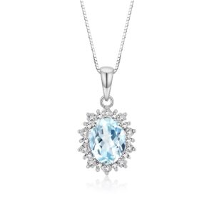 Rylos Sterling Silver Princess Diana Inspired Necklace: 9X7MM Aquamarine & Sparkling Diamonds - 18" Chain Exquisite Birthstone Jewelry