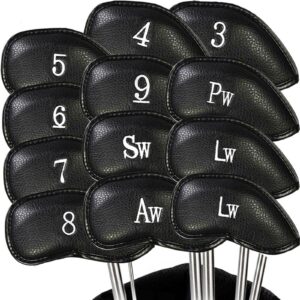 golf iron head covers 12 pcs/set synthetic leather value pack deluxe headcovers fit all brands blue red black green brown for men women (black)