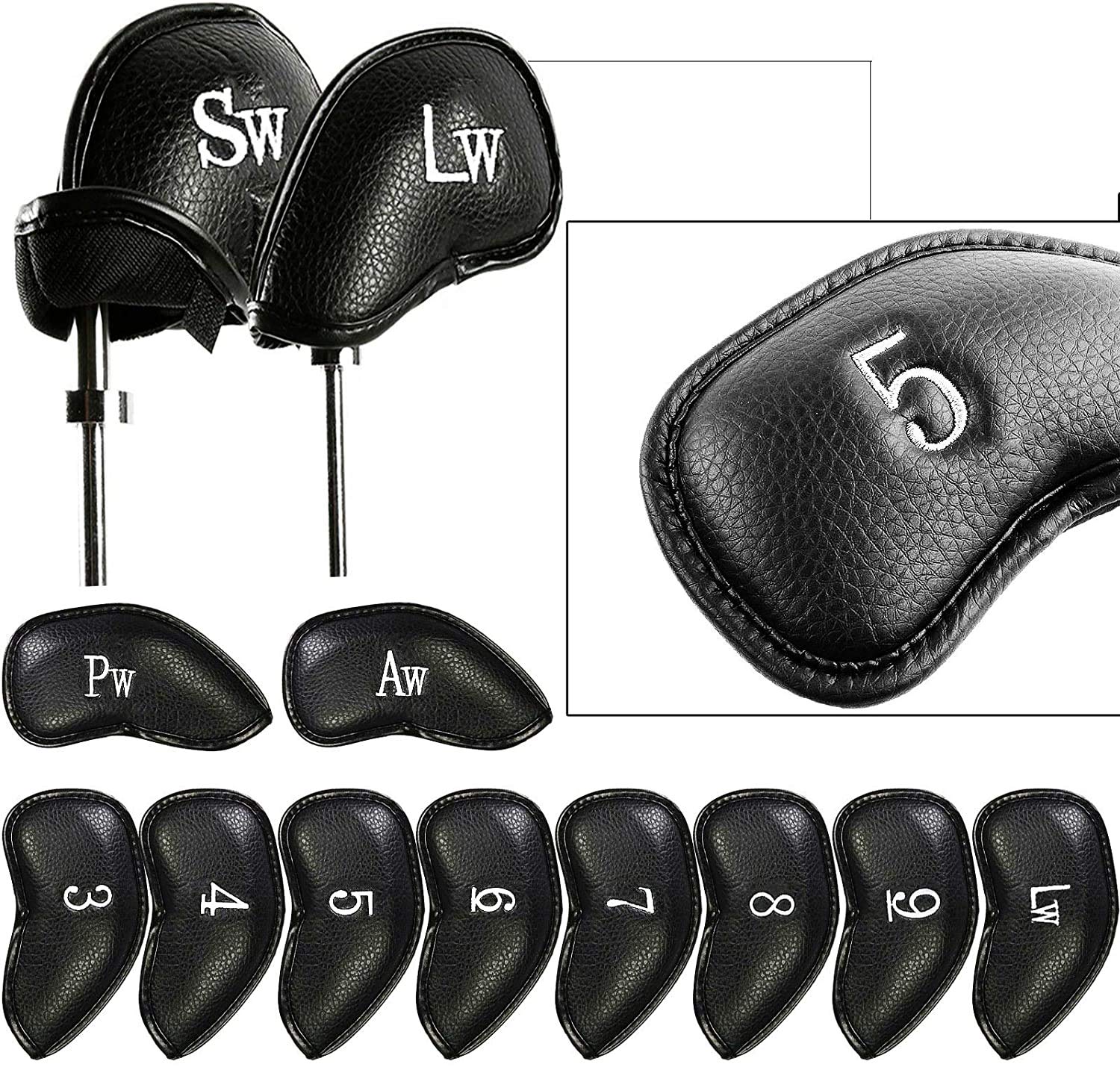 Golf Iron Head Covers 12 Pcs/Set Synthetic Leather Value Pack Deluxe Headcovers Fit All Brands Blue Red Black Green Brown for Men Women (Black)