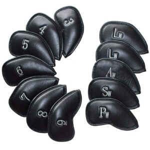 Golf Iron Head Covers 12 Pcs/Set Synthetic Leather Value Pack Deluxe Headcovers Fit All Brands Blue Red Black Green Brown for Men Women (Black)