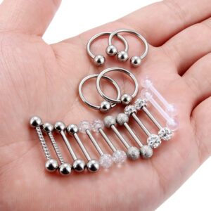 Ftovosyo 16Pcs Nipple Ring 14G Surgical Steel Tongue Nipplerings Barbell Bar Hoop Rings Retainer Piercing Jewelry for Women Men 14MM (9/16 Inch) Silver-tone