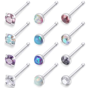 Kridzisw 20G Nose Rings Studs for Women 316L Stainless Surgical Steel Diamond Hypoallergenic Straight Opal Stud Nose Nostril Ring Pin Bone Hoop Body Piercing Jewelry Pack for Women Men CZ Silver 2mm