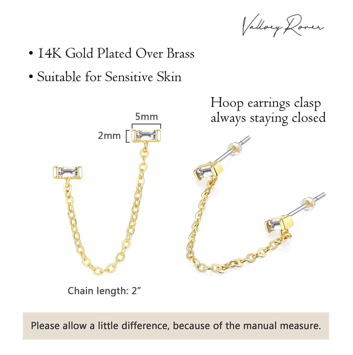 Valloey Rover Women 14K Gold Chain Earrings,Stud With Chain And Cartilage Hugging Cuff Double Bar Ear Jacket Minimalist earrings For Lady Women Band(gold-chain)