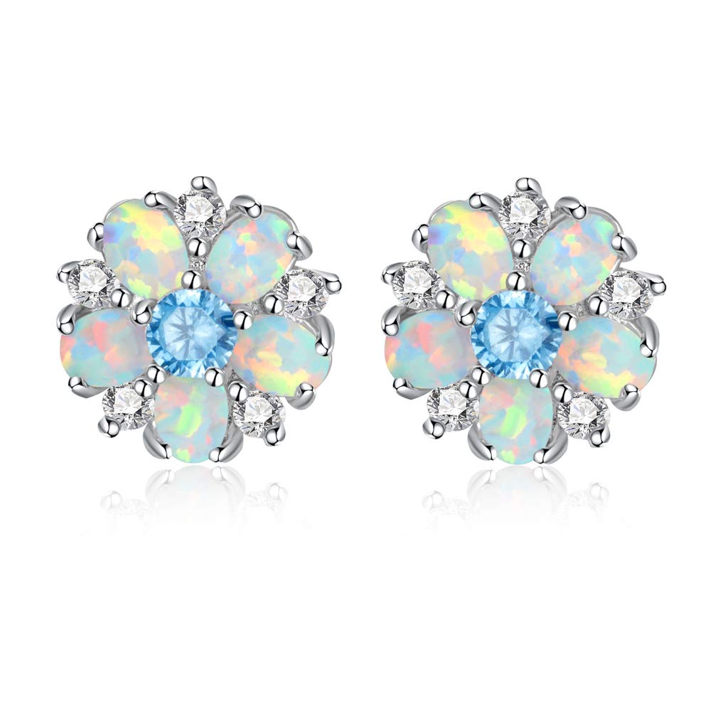 CiNily Flower Earrings,Blue Opal Stud Earrings Sterling Silver Plated Ladies Flower Stud Earrings Cute Unique Earrings