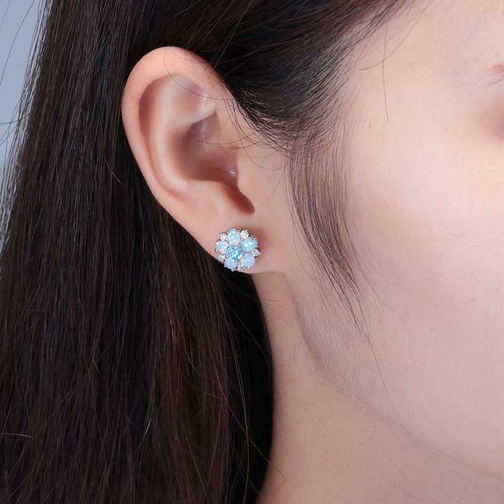 CiNily Flower Earrings,Blue Opal Stud Earrings Sterling Silver Plated Ladies Flower Stud Earrings Cute Unique Earrings