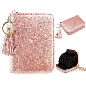 coco rossi women's small credit card wallet rfid glitter bling cute accordion card holder with zipper pink