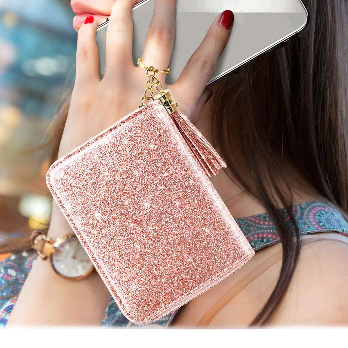 Coco Rossi Women's Small Credit Card Wallet RFID Glitter Bling Cute Accordion Card Holder with Zipper Pink