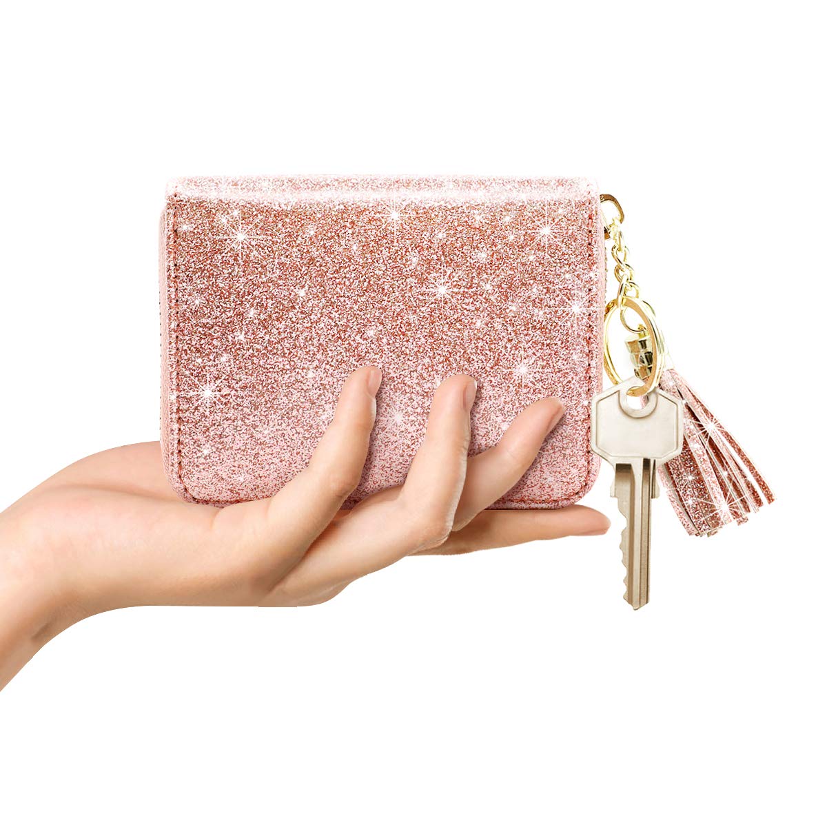 Coco Rossi Women's Small Credit Card Wallet RFID Glitter Bling Cute Accordion Card Holder with Zipper Pink