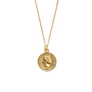 dtja carved gold coin pendant necklace for women girls 925 sterling silver 18k gold plated simple round chain goddess worship celebrity medal reversible keepsake chic choker fashion jewelry gifts box