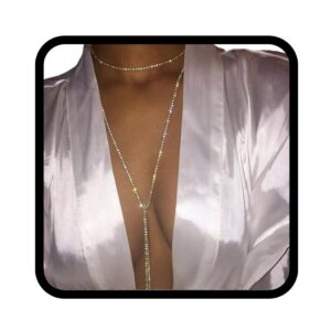 nicute rhinestone long necklace jewelry sparkly crystal choker necklaces sexy beach necklace chain for women (gold)