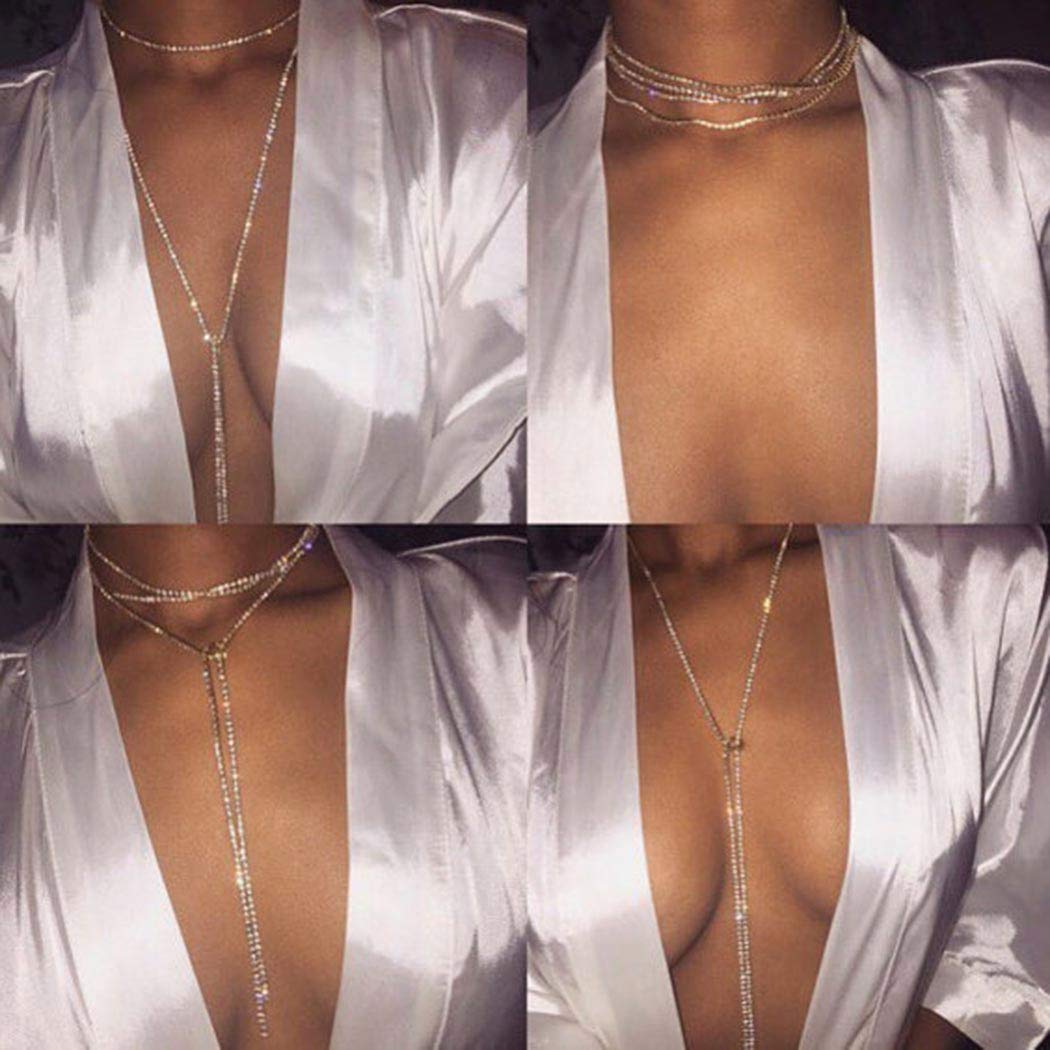 Nicute Rhinestone Long Necklace Jewelry Sparkly Crystal Choker Necklaces Sexy Beach Necklace Chain for Women (Gold)