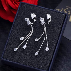 YOQUCOL Women Cubic Zirconia Crystal Long Drop Dangle Clip On Earrings For Not Pierced Women