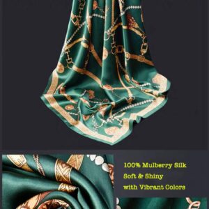 ANDANTINO 100% Pure Mulberry Silk Small Square Scarf -21'' x 21''- Breathable Lightweight Neckerchief -Digital Printed Headscarf (Blackish Green)