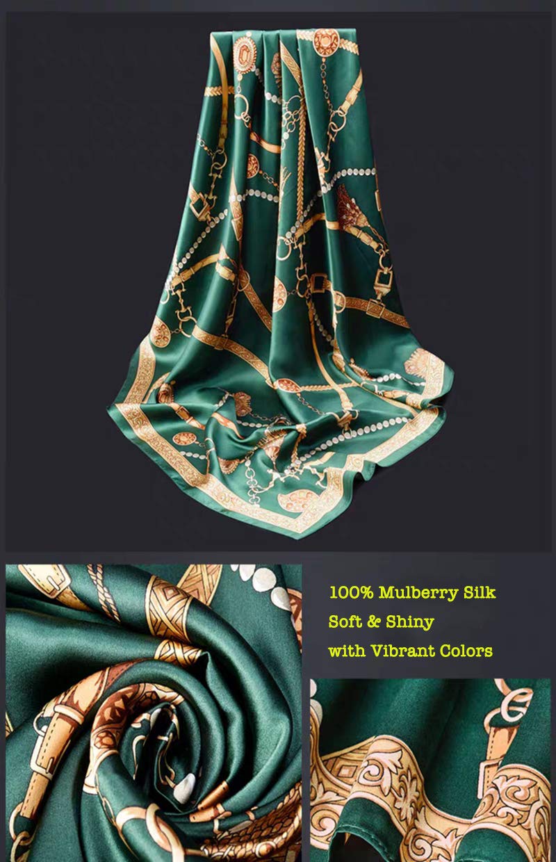 ANDANTINO 100% Pure Mulberry Silk Small Square Scarf -21'' x 21''- Breathable Lightweight Neckerchief -Digital Printed Headscarf (Blackish Green)