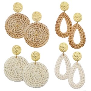 AIDSOTOU Rattan Earrings for Women Lightweight Geometric Statement Earrings Handmade Straw Wicker Braid Teardrop Hoop Drop Dangle Earrings 4 Pairs (Style-4)