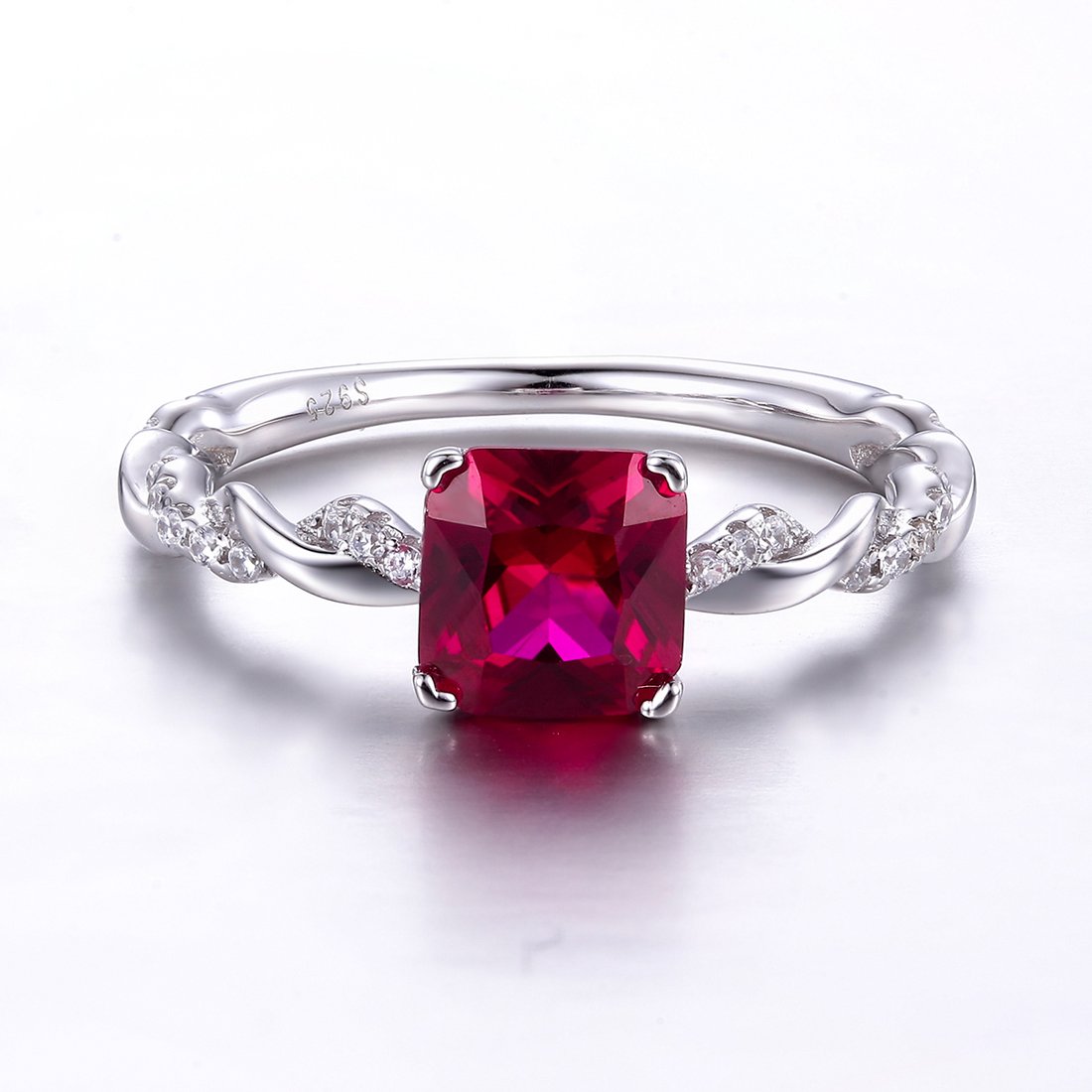 Merthus 7x7mm Square Shape Simulated Ruby 925 Sterling Silver Twist Rope Band Ring for Women Size 9