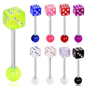 316l surgical steel barbell with uv coated acrylic gemmed game dice (clear/clear)