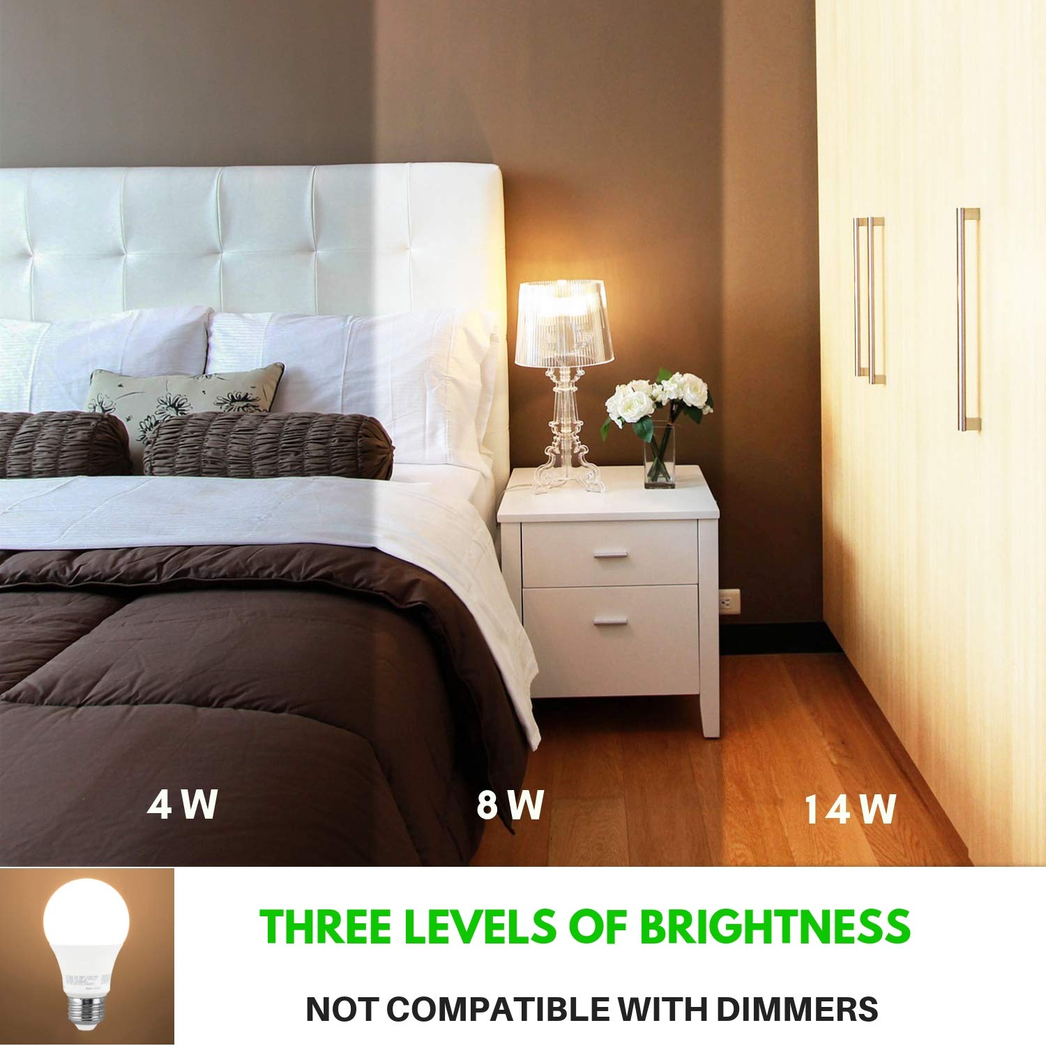 LED A19 3 Way Light Bulb, 4W/8W/14W, (40W/60W/100W Equivalent), 3000K Bright White, E26 Medium Base, 120V, Energy Star, (2 Pack)