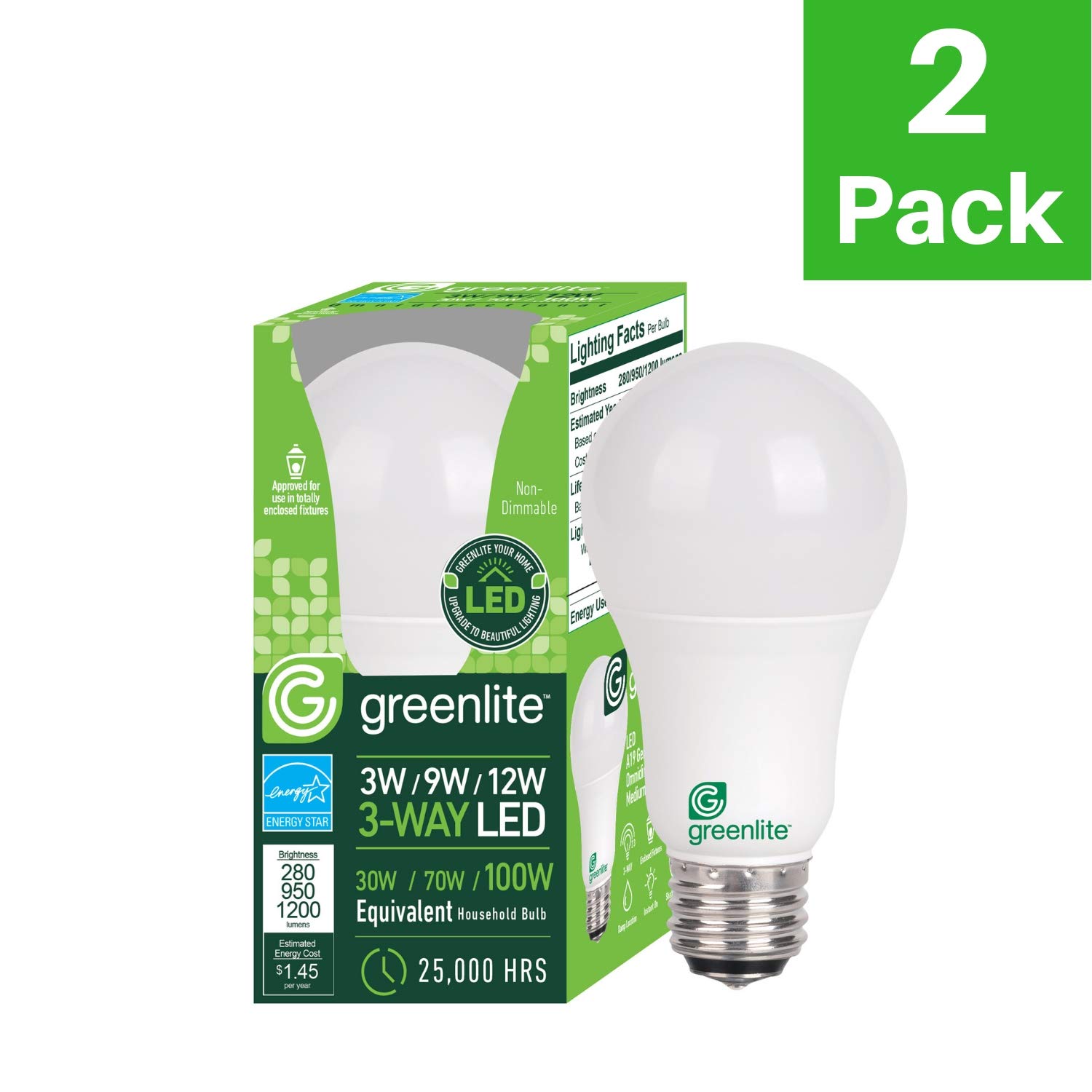 LED A19 3 Way Light Bulb, 4W/8W/14W, (40W/60W/100W Equivalent), 3000K Bright White, E26 Medium Base, 120V, Energy Star, (2 Pack)