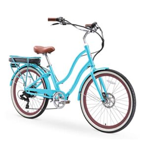 sixthreezero EVRYjourney Women's Electric Bike, 7-Speed Step Through Beach Cruiser eBike Bicycle, 250 Watt Motor, 26 Inch Wheels, Teal