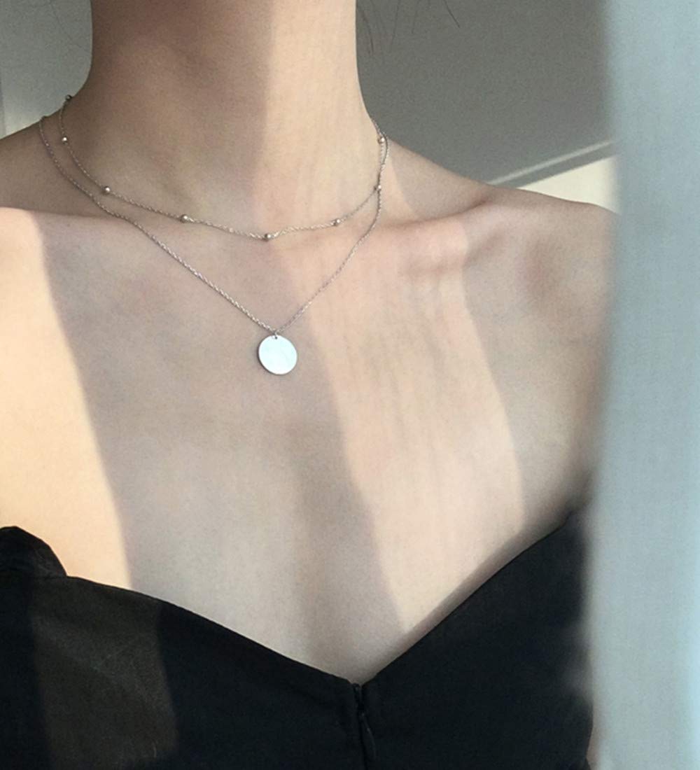 Layered Disc Pendant Choker Necklace for Women 925 Sterling Silver 18K Gold Dainty Full Moon Circle Coin Collar Two-Double Chain Fashion Y Jewelry Best Box Birthday Wedding (silver)