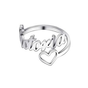 LONAGO Personalized Name Ring with Heart, Customized Name Stacking Ring Gift for Women