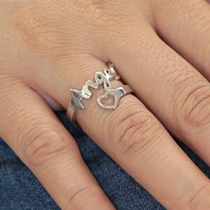 LONAGO Personalized Name Ring with Heart, Customized Name Stacking Ring Gift for Women