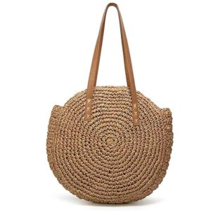 women's straw handbags large summer beach tote woven round pompom handle shoulder bag(khaki)