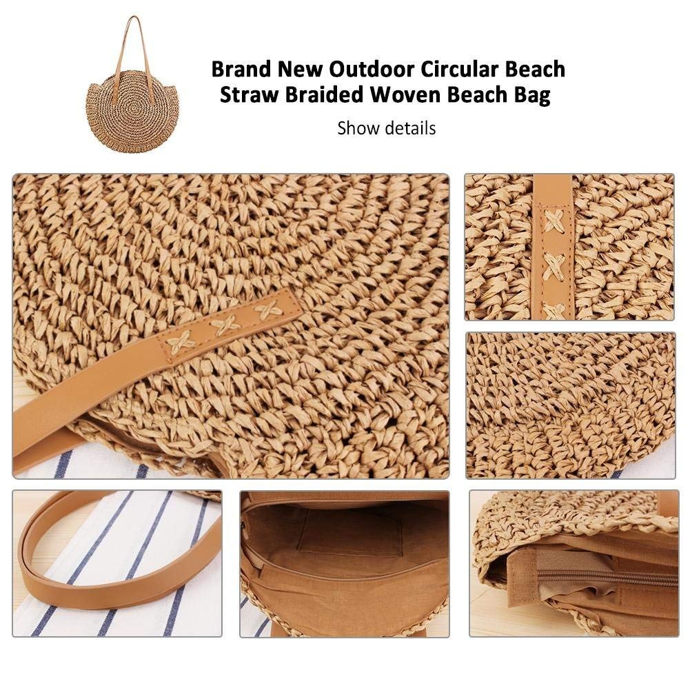 Women's Straw Handbags Large Summer Beach Tote Woven Round Pompom Handle Shoulder Bag(Khaki)