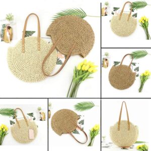 Women's Straw Handbags Large Summer Beach Tote Woven Round Pompom Handle Shoulder Bag(Khaki)