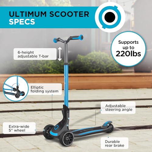 Globber Ultimum Scooter | 3-Wheel Kick Scooter for Adults & Kids 5+ | Foldable Kick Scooter with Safe, Non-Slip Deck & Premium Brakes (Sky Blue)