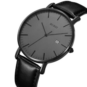 BUREI Men's Fashion Minimalist Wrist Watch Analog Date with Leather Strap (Dark Grey)