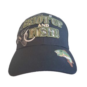 artisan owl shut up and fish! embroidered fishing cap - adjustable hook and loop closure (black)