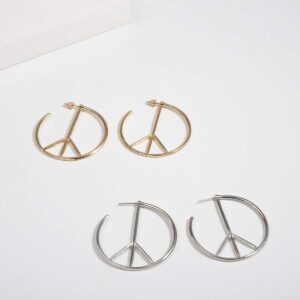 Peace Sign Symbol Geometric Stud Earrings Jewelry Minimalist Big Round Hoop Statement Earrings for Women (Gold)