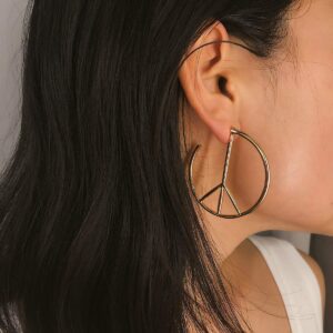 Peace Sign Symbol Geometric Stud Earrings Jewelry Minimalist Big Round Hoop Statement Earrings for Women (Gold)