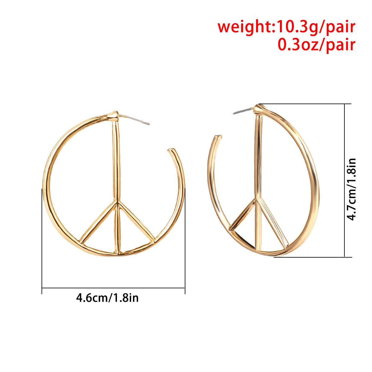 Peace Sign Symbol Geometric Stud Earrings Jewelry Minimalist Big Round Hoop Statement Earrings for Women (Gold)