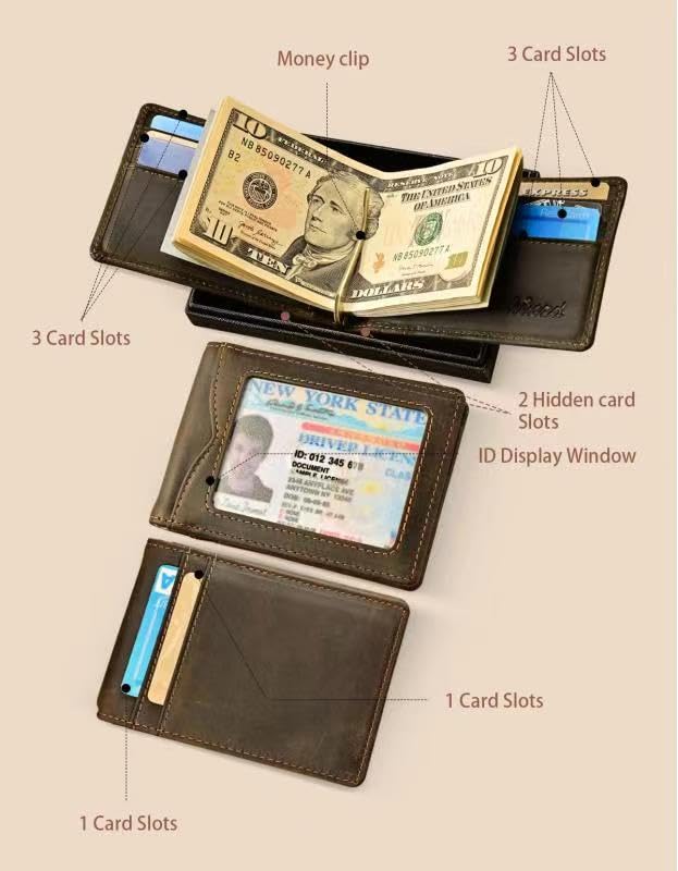 kinzd Slim Wallet with Money Clip RFID Blocking Minimalist Bifold Wallet for Men Genuine Leather Front Pocket Card Holder (AS137 - Crazy Horse Leather Dark Brown)