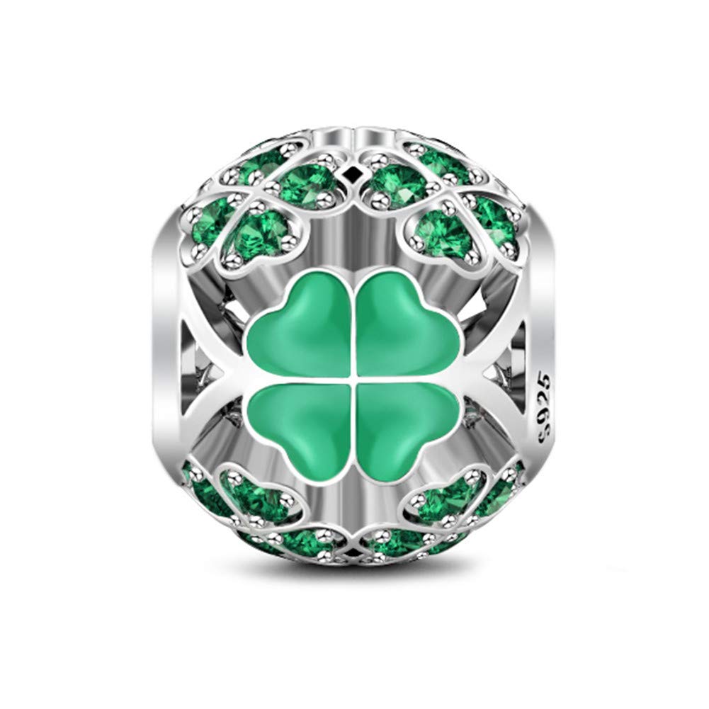 GNOCE ST Saint Patricks Day Gift Lucky Four Leafs Charms for Bracelets Sterling Silver Gift For My Goddess Bead Charms With Green Cubic Zirconia Charm Bead Fit All Bracelet Necklace