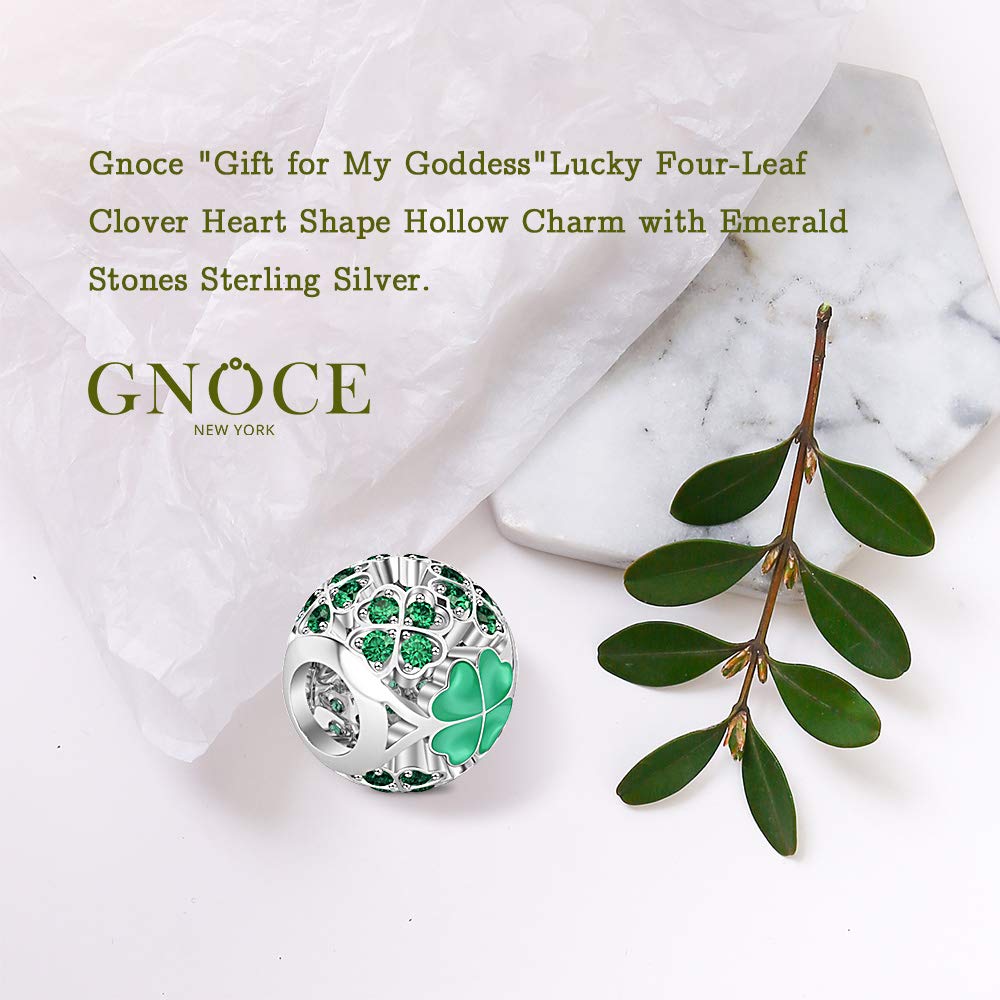 GNOCE ST Saint Patricks Day Gift Lucky Four Leafs Charms for Bracelets Sterling Silver Gift For My Goddess Bead Charms With Green Cubic Zirconia Charm Bead Fit All Bracelet Necklace