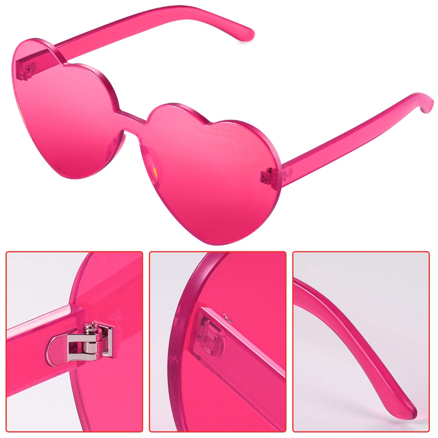 Maxdot 3 Pieces Heart Shaped Sunglasses Candy Color Rimless Heart Glasses for Women Colorful Summer Party Favors(Pink, Rose Red, Red)