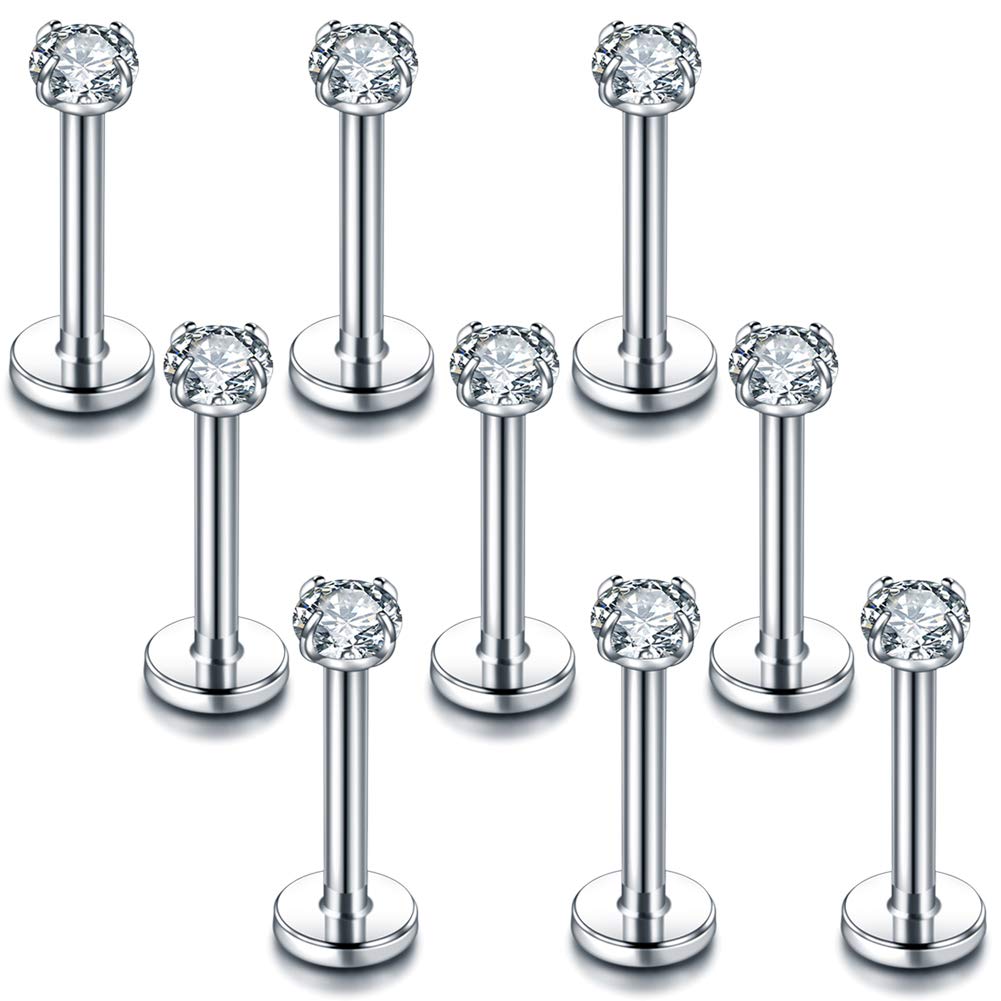 Xpircn 9PCS 16G Stainless Steel 3mm Cubic Zirconia Labret Monroe Lip Ring Tragus Helix Earring Studs