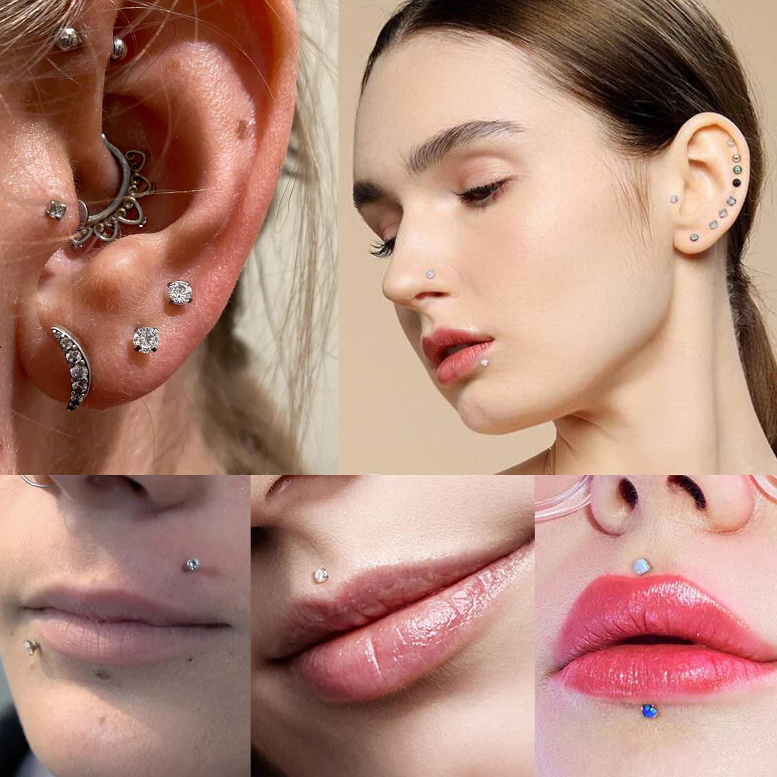 Xpircn 9PCS 16G Stainless Steel 3mm Cubic Zirconia Labret Monroe Lip Ring Tragus Helix Earring Studs