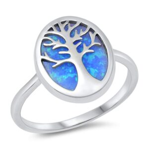 blue simulated opal tree of life oval cute ring new .925 sterling silver band size 10