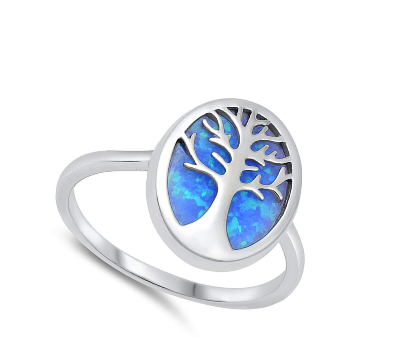 Blue Simulated Opal Tree Of Life Oval Cute Ring New .925 Sterling Silver Band Size 10