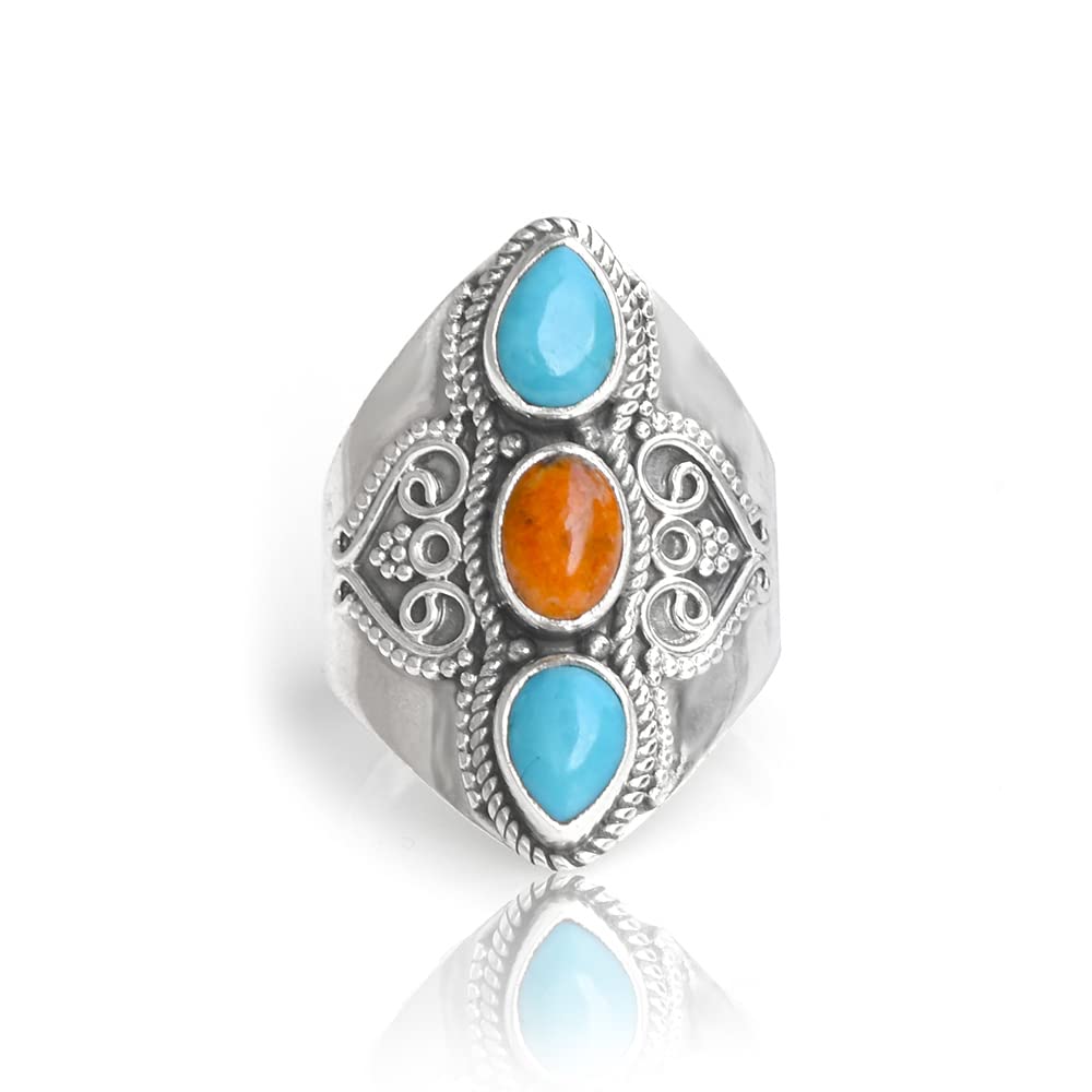 YoTreasure .925 Sterling Silver Turquoise 3 Stone Wide Band Boho Ring