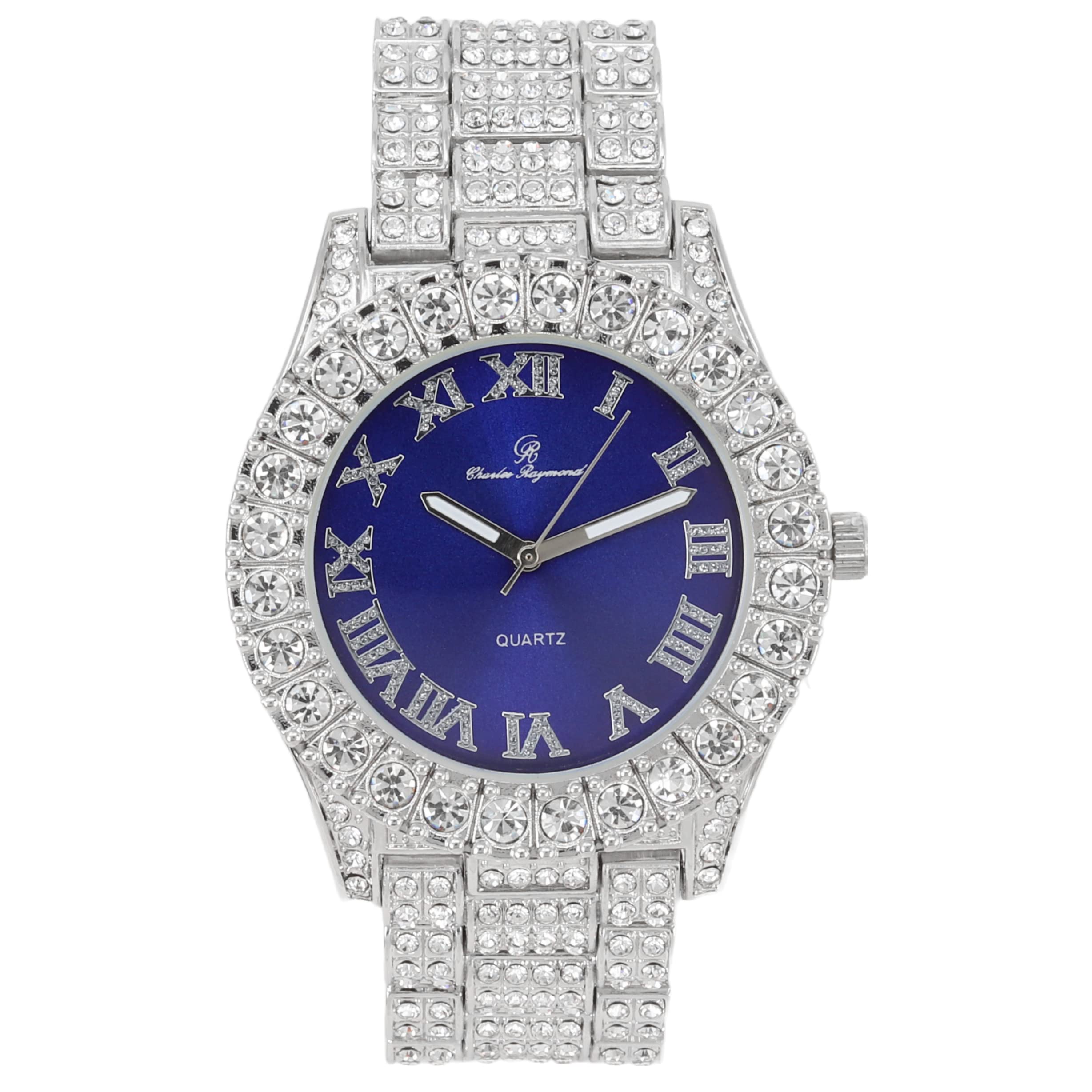 Charles Raymond Hip Hop iced Out Blinged Men's New Diamond Rhinestones on Trim Coloful Watch Dial - ST10327DX Color (Royal Blue Silver)