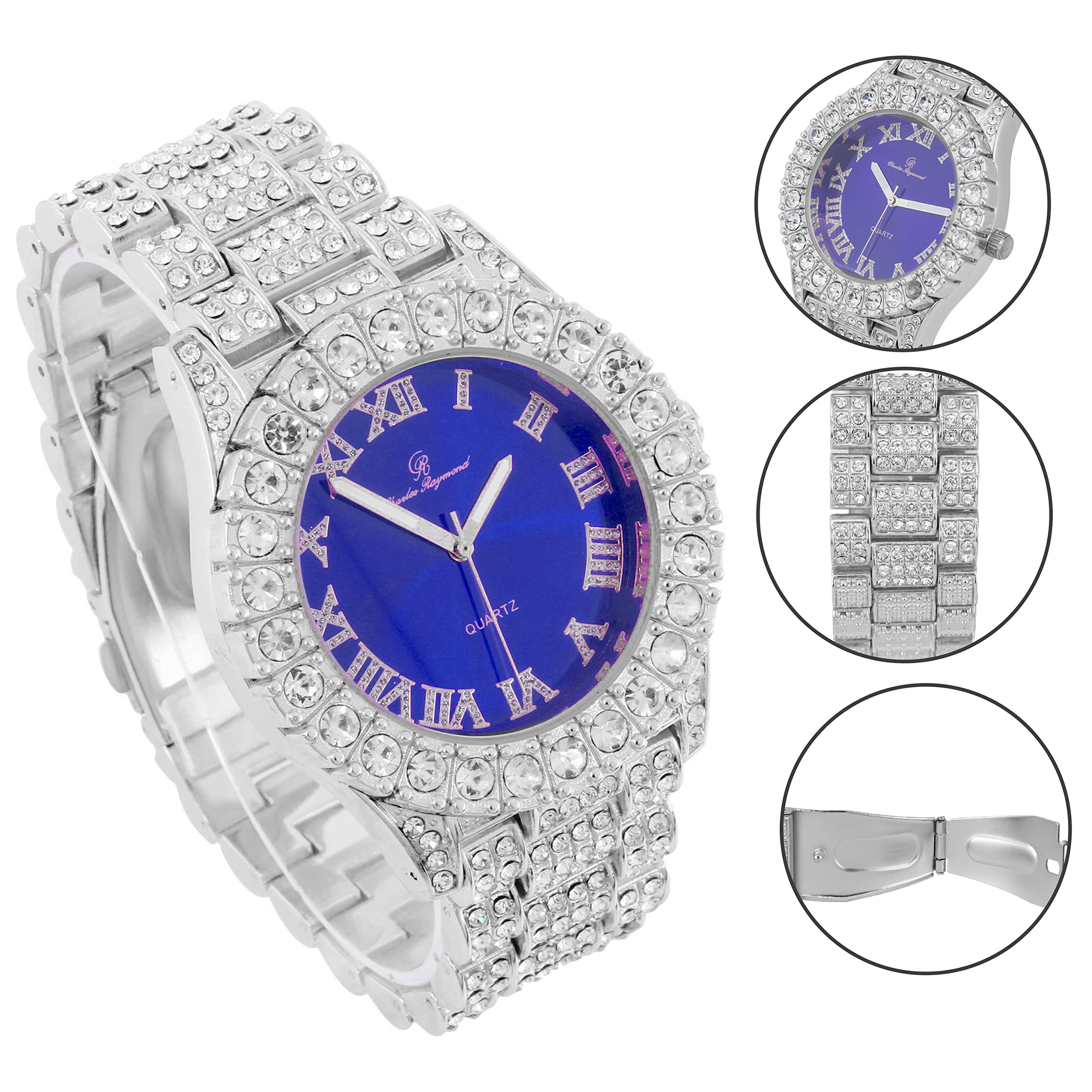 Charles Raymond Hip Hop iced Out Blinged Men's New Diamond Rhinestones on Trim Coloful Watch Dial - ST10327DX Color (Royal Blue Silver)