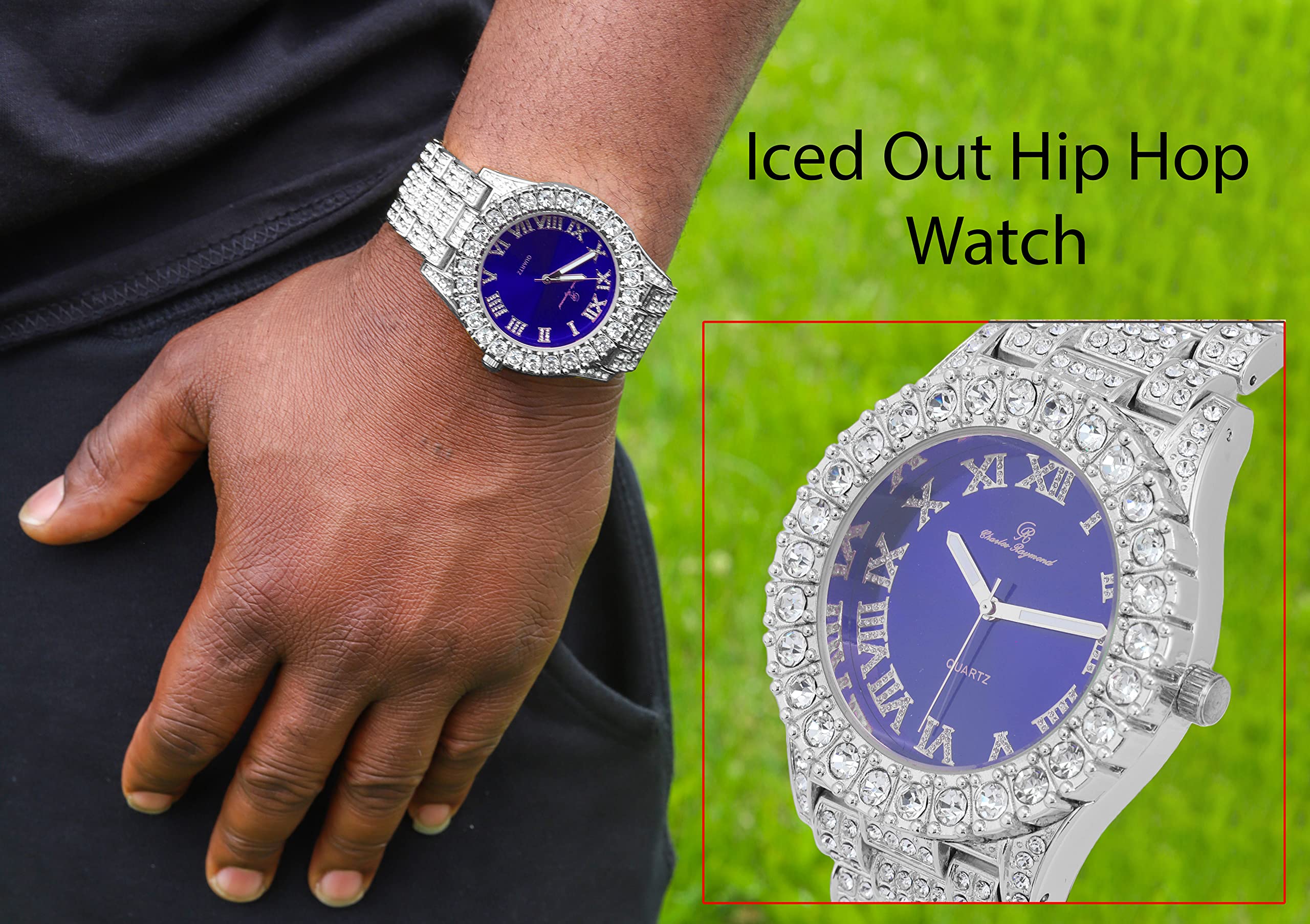 Charles Raymond Hip Hop iced Out Blinged Men's New Diamond Rhinestones on Trim Coloful Watch Dial - ST10327DX Color (Royal Blue Silver)